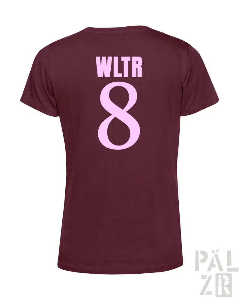 Bordeaux-Farbenes T-Shirt mit pinkem „wltr 8“-Design auf dem Rücken, aus Baumwolle gefertigt.