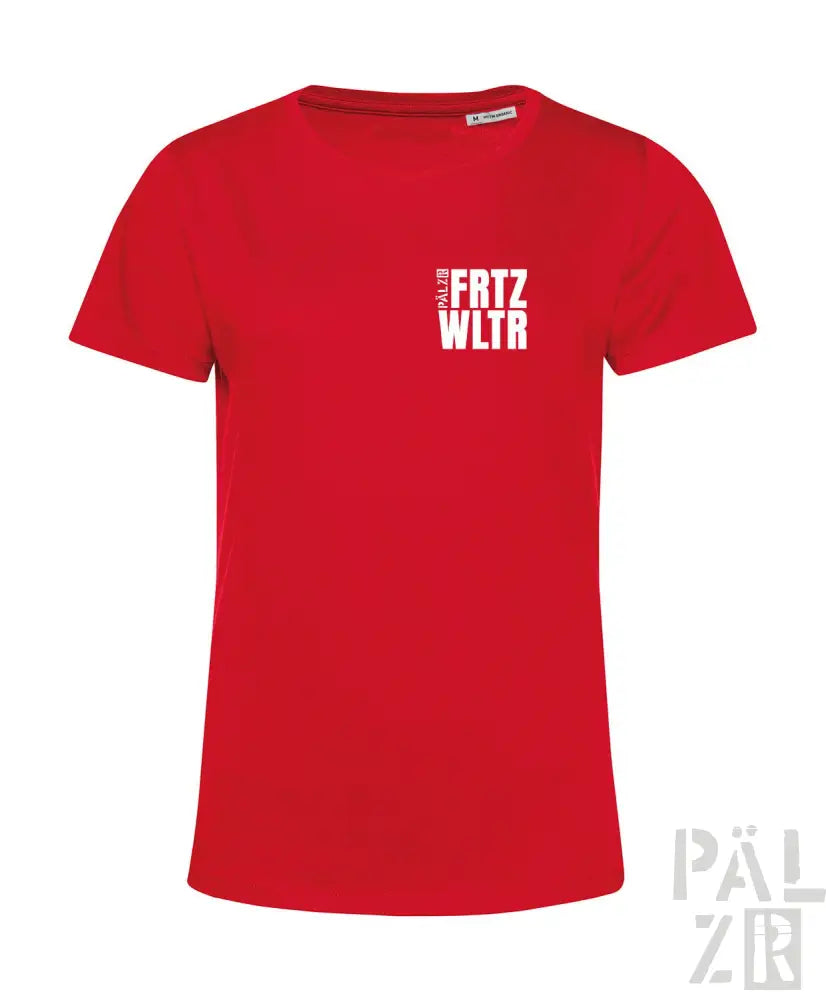 Rotes T-Shirt mit ’frtz wltr’ Textdesign, aus Baumwolle.