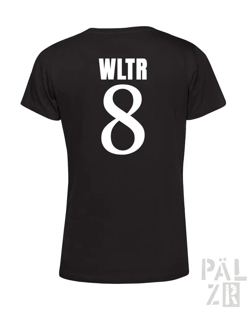 Schwarzes T-Shirt mit weißem Text- und Zahlen-Design.