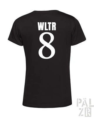 Schwarzes T-Shirt mit weißem Text- und Zahlen-Design.
