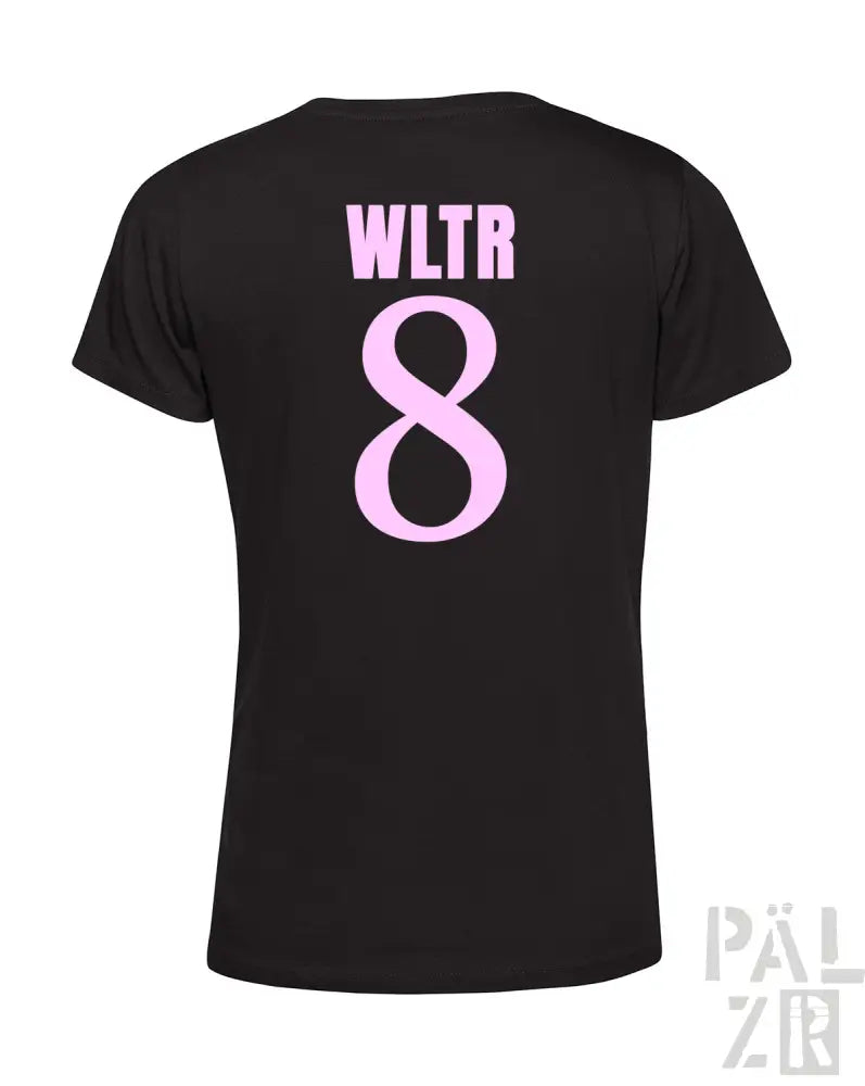 Schwarzes T-Shirt mit pinkem ’wltr 8’’-Design auf der Rückseite.