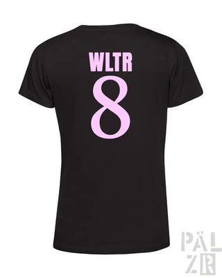 Schwarzes T-Shirt mit pinkem ’wltr 8’’-Design auf der Rückseite.