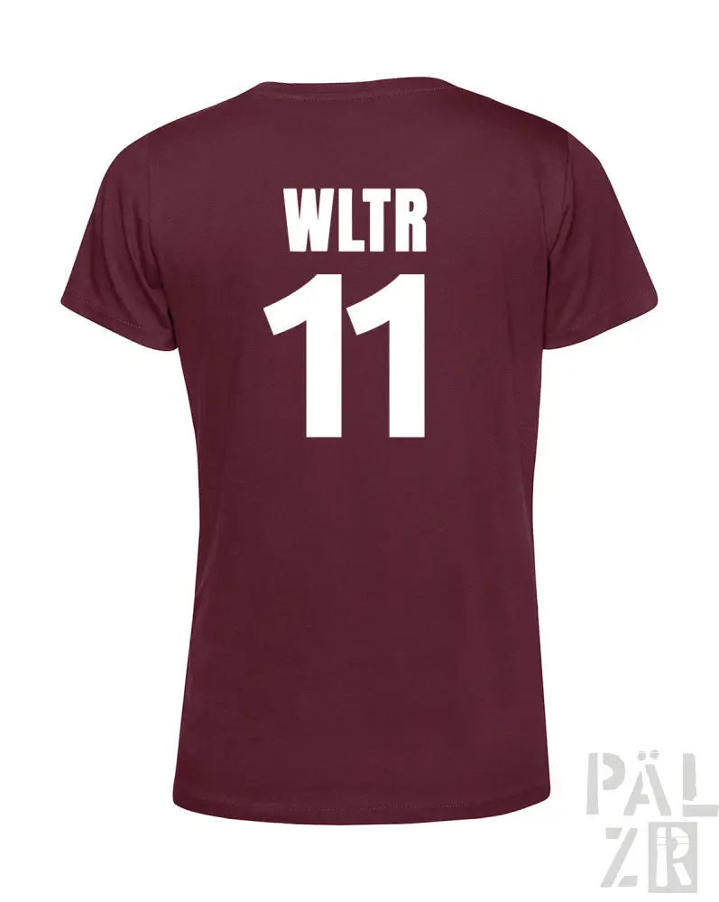 Bordeaux-Farbenes T-Shirt mit ‘wltr 11’-Design auf dem Rücken, aus Baumwolle gefertigt.