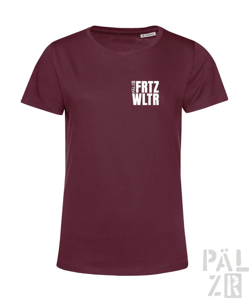Bordeaux-Farbenes T-Shirt mit Textdesign ’frtz wltr’, Baumwollmaterial.