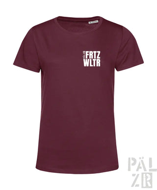 Bordeaux-Farbenes T-Shirt mit Textdesign ’frtz wltr’, Baumwollmaterial.