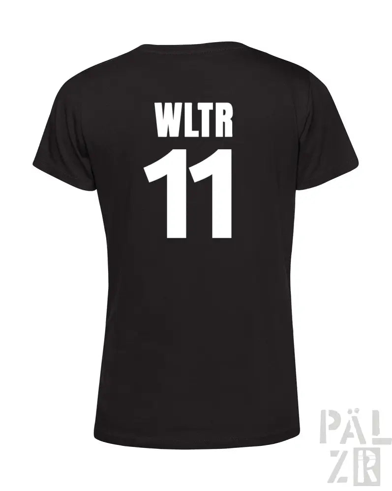 Schwarzes T-Shirt mit ’wltr 11’’-Design auf dem Rücken, aus Baumwolle gefertigt.