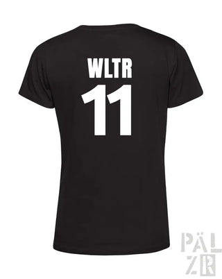 Schwarzes T-Shirt mit ’wltr 11’’-Design auf dem Rücken, aus Baumwolle gefertigt.
