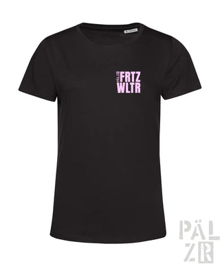 Schwarzes T-Shirt mit lila Textdesign, kurzen Ärmeln und Rundhals.