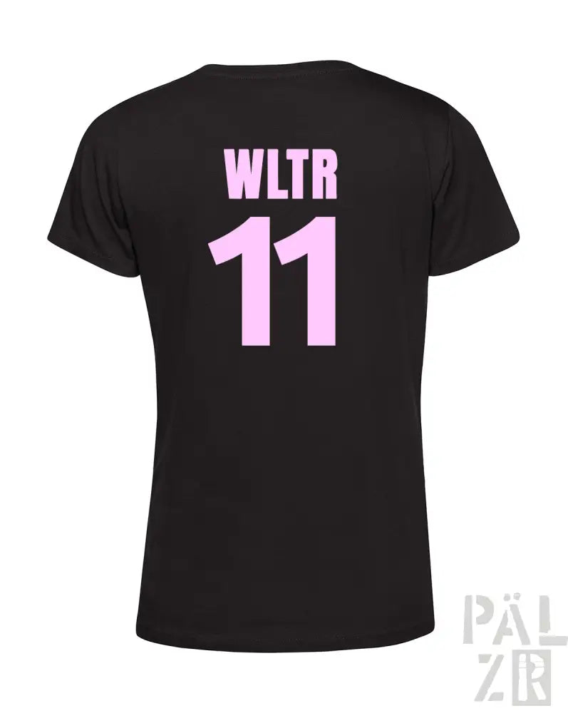 Schwarzes T-Shirt mit pinkem ’wltr 11’’-Design auf der Rückseite.