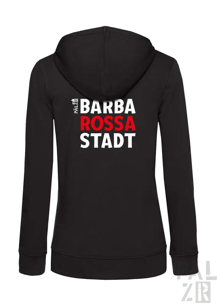 Schwarzes Kapuzen-Sweatshirt mit Reißverschluss und dem Text ’barba rossa stadt’ in Weiß und Rot auf dem Rücken.