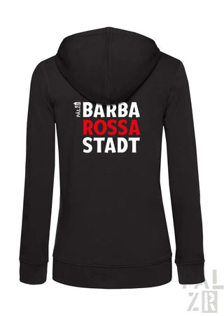 Schwarzes Kapuzen-Sweatshirt mit Reißverschluss und dem Text ’barba rossa stadt’ in Weiß und Rot auf dem Rücken.