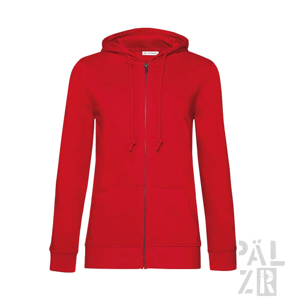 Rote Kapuzenjacke mit Kapuze und Frontreißverschluss, wahrscheinlich aus Baumwolle oder Polyester-Mischung gefertigt.