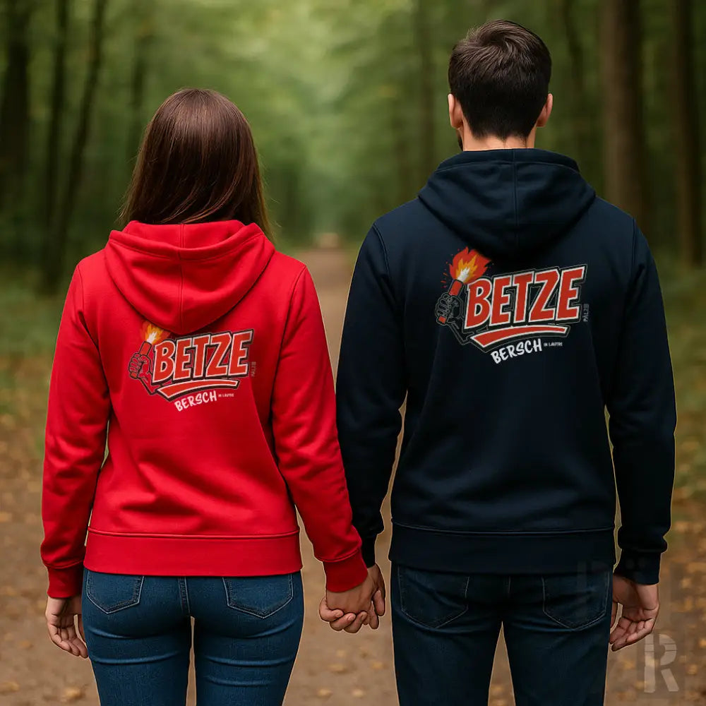 Roter und schwarzer Hoodie mit Kapuze mit ’betze’-Logo-Design, aus Baumwollmischgewebe.