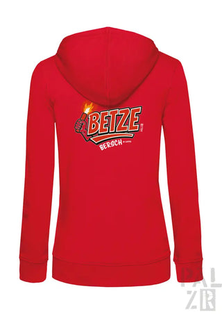 Roter Hoodie mit Betze-Logo und Flammen-Design, Baumwollmaterial.