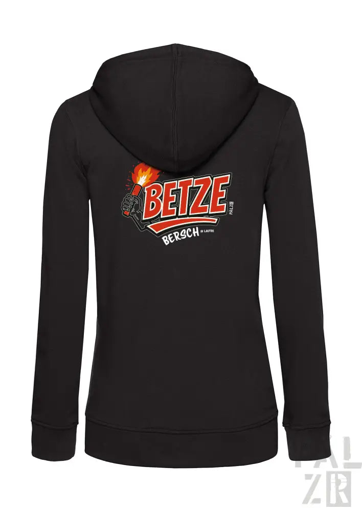 Schwarzes Reißverschluss-Hoodie mit farbenfrohem ’betze’- Grafikdesign auf dem Rücken.