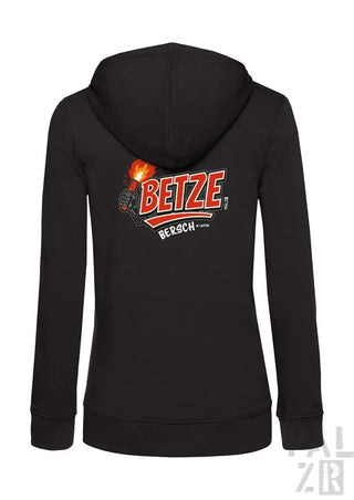 Schwarzes Reißverschluss-Hoodie mit farbenfrohem ’betze’- Grafikdesign auf dem Rücken.