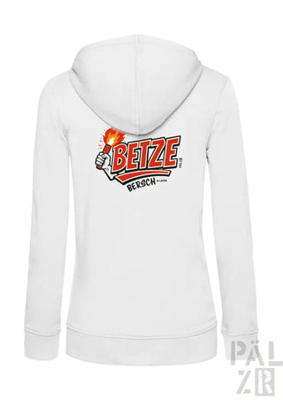 Weißes Hoodie mit Betze-Logo und Flammendesign.
