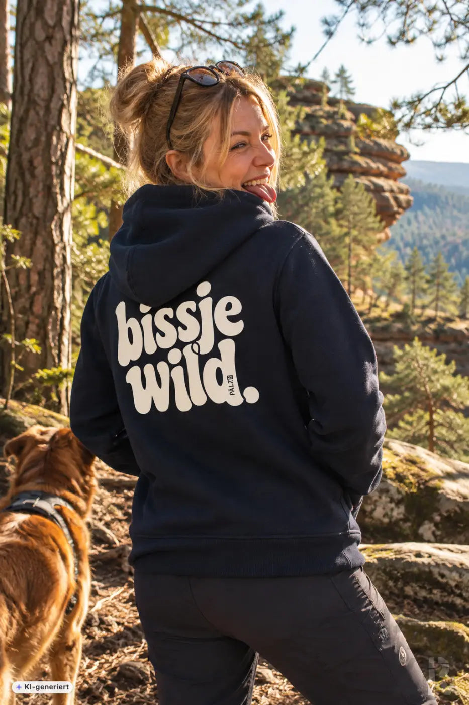Frauen navy blaue kapuzenjacke mit reißverschluss und weißem bissje wild schriftzug auf der rückseite
