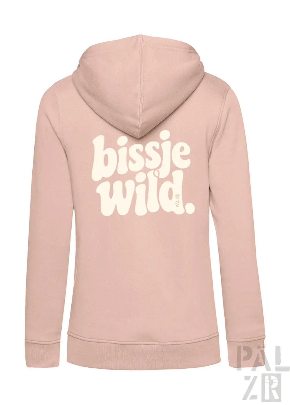 Soft pink zip-up hoodie für frauen mit weißem bissje wild backprint auf der rückseite in verschiedenen farben