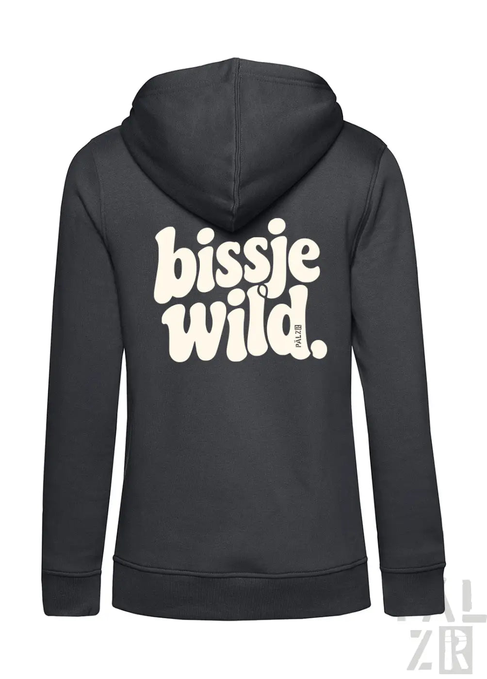 Schwarze zip-up damenhoodie mit weißem bissje wild backprint in verschiedenen farben