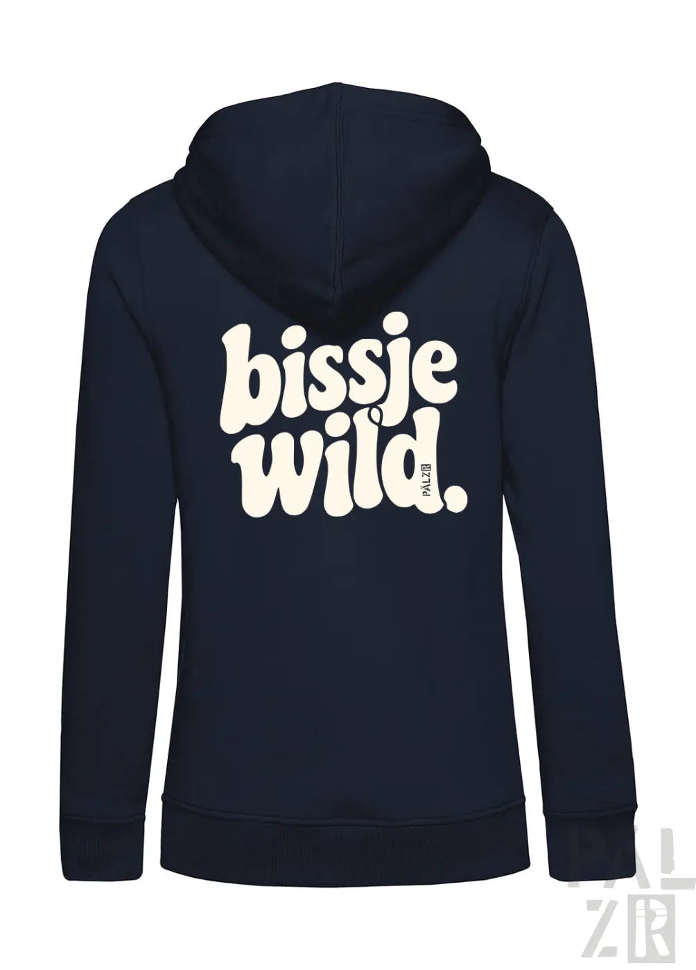 Frauen navy blaue zip-up hoodie mit weißem bissje wild grafik auf der rückseite in verschiedenen farben