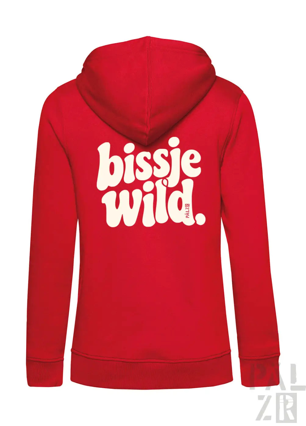 Roter damen zip-up hoodie aus baumwolle mit weißem bissje wild schriftzug auf der rückseite