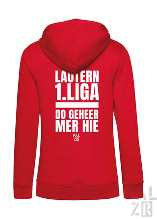 Roter Kapuzenpulli mit Reißverschluss, weißem Text und Design, mit ’lautern 1.