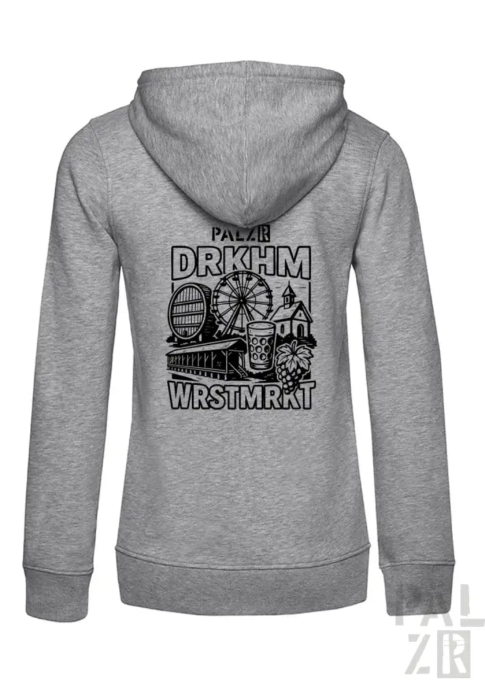 Grauer Hoodie mit schwarzem Grafikdesign, das Elemente eines Vergnügungsparks und Text enthält.