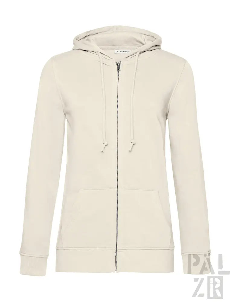 Cremefarbene Kapuzenjacke mit Reißverschluss, Kordelkapuze und Taschen.