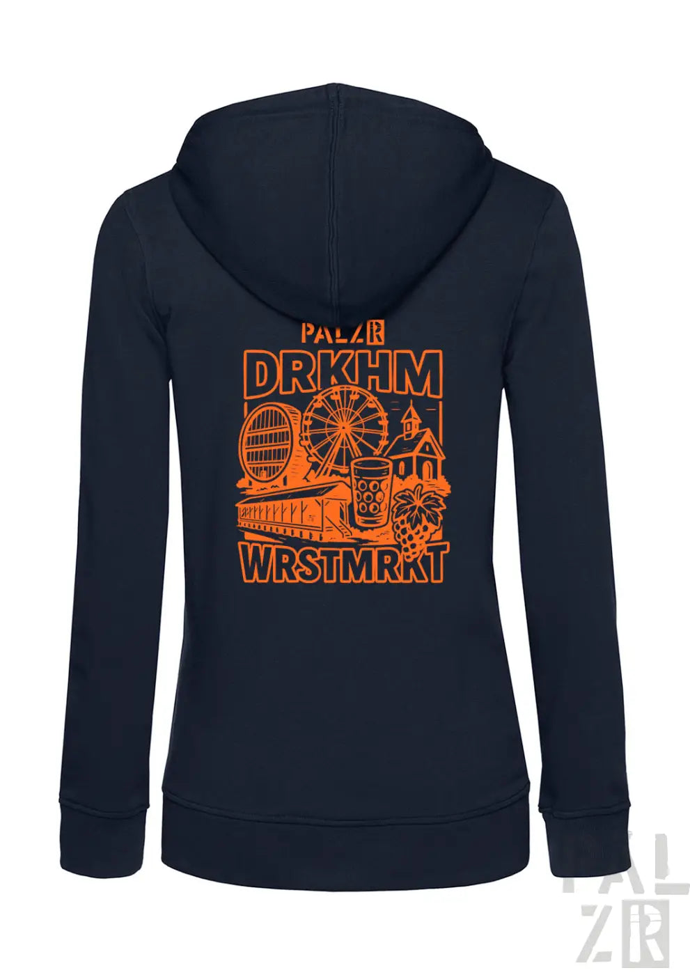 Marineblaue Kapuzenjacke mit Reißverschluss und orangefarbenem Grafikdesign mit Sehenswürdigkeiten und Text.