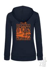 Marineblaue Kapuzenjacke mit Reißverschluss und orangefarbenem Grafikdesign mit Sehenswürdigkeiten und Text.