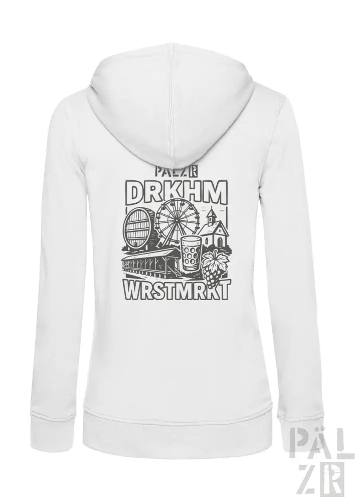 Weißes Hoodie mit schwarzem Grafikdesign, das ein Riesenrad und ein Bierkrug zeigt.