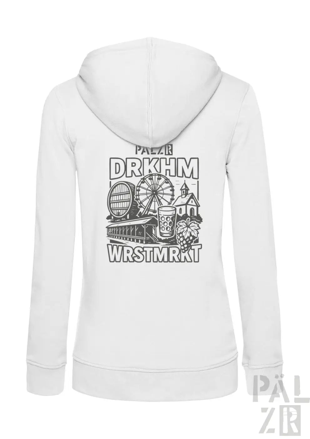 Weißes Hoodie mit schwarzem Grafikdesign, das ein Riesenrad und ein Bierkrug zeigt.