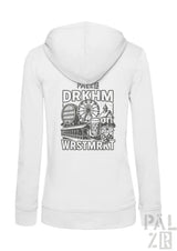 Weißes Hoodie mit schwarzem Grafikdesign, das ein Riesenrad und ein Bierkrug zeigt.