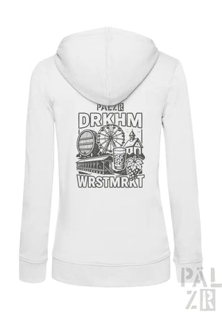 Weißes Hoodie mit schwarzem Grafikdesign, das ein Riesenrad und ein Bierkrug zeigt.