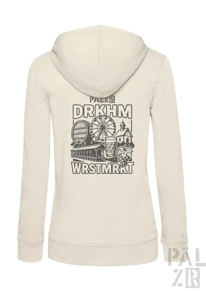 Cremeweißer Hoodie mit schwarzem Grafikdesign, das ein Riesenrad, ein Bierkrug und einen Markstand zeigt.