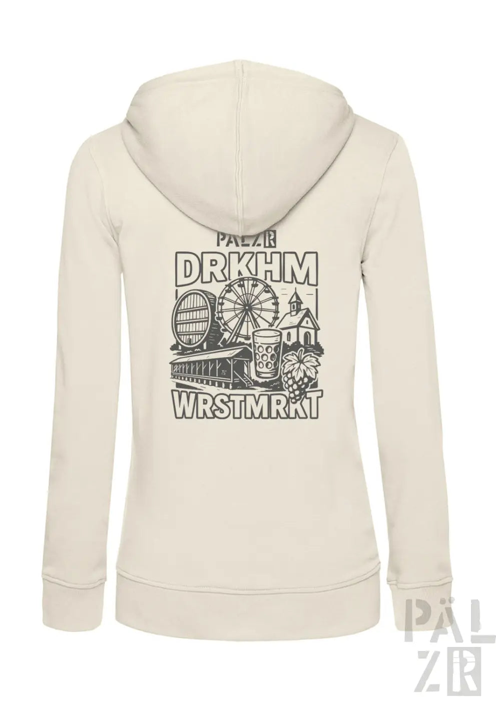 Cremeweißer Hoodie mit schwarzem Grafikdesign, das ein Riesenrad, ein Bierkrug und einen Markstand zeigt.