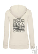 Cremeweißer Hoodie mit schwarzem Grafikdesign, das ein Riesenrad, ein Bierkrug und einen Markstand zeigt.