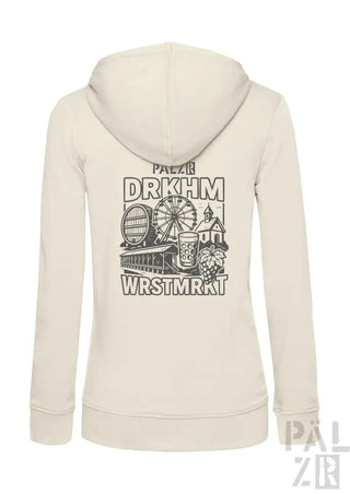 Cremeweißer Hoodie mit schwarzem Grafikdesign, das ein Riesenrad, ein Bierkrug und einen Markstand zeigt.