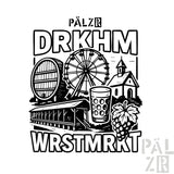 Schwarz-weißes Riesenrad-Design auf einem T-Shirt.