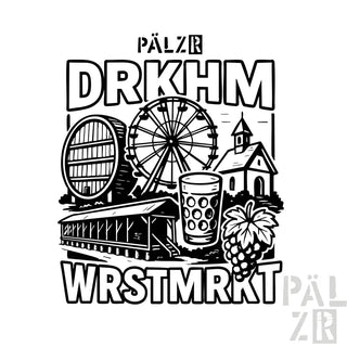 Schwarz-weißes Riesenrad-Design auf einem T-Shirt.