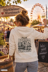 Creamfarbener frauen backprint zipper hoodie mit schwarzem dürkheimer wurstmarkt grafikprint auf der rückseite