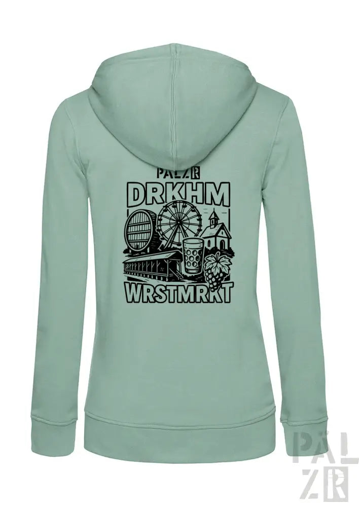 Minzgrüner Hoodie mit schwarzem Grafikdesign, das ein Riesenrad und ein Bierkrug zeigt.