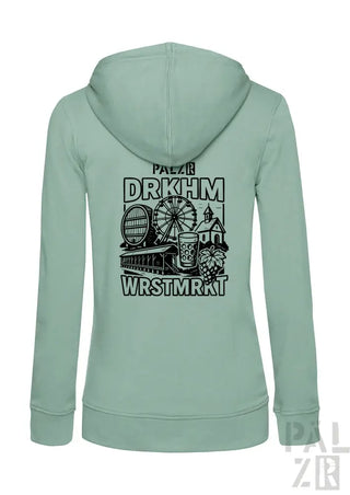 Minzgrüner Hoodie mit schwarzem Grafikdesign, das ein Riesenrad und ein Bierkrug zeigt.