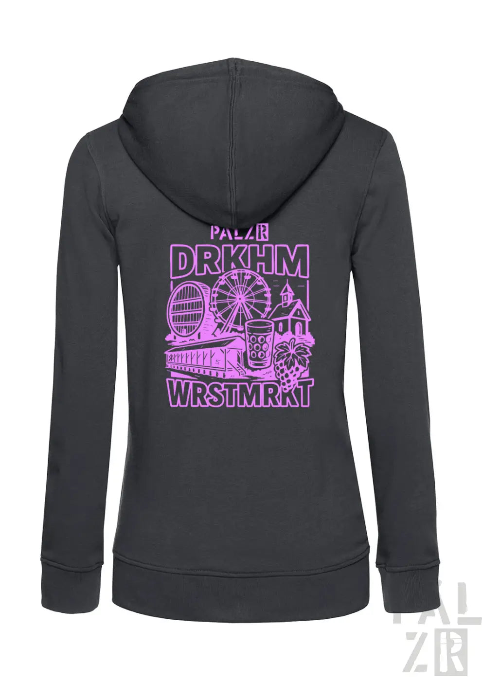 Anthrazitgrauer Kapuzenpulli mit Reißverschluss und lila grafischem Design, das ein Riesenrad und andere Vergnügungspark-Elemente zeigt.