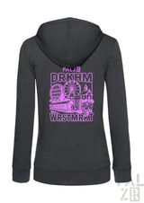 Anthrazitgrauer Kapuzenpulli mit Reißverschluss und lila grafischem Design, das ein Riesenrad und andere Vergnügungspark-Elemente zeigt.