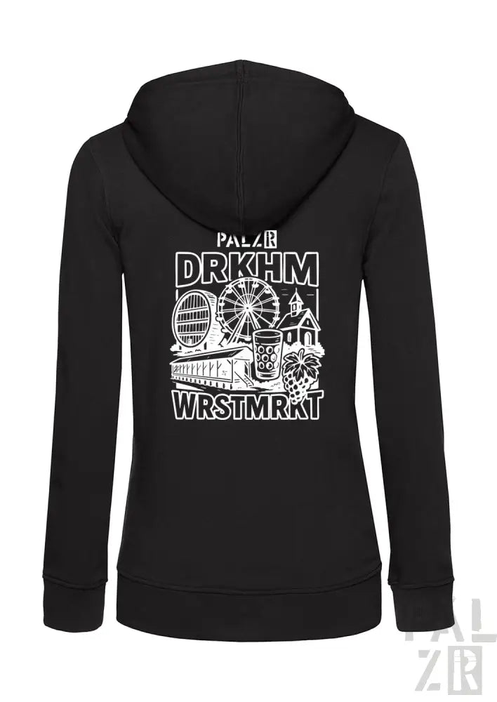 Schwarze Kapuzenjacke mit Reißverschluss und weißem Grafikdesign mit Wahrzeichen und Text.