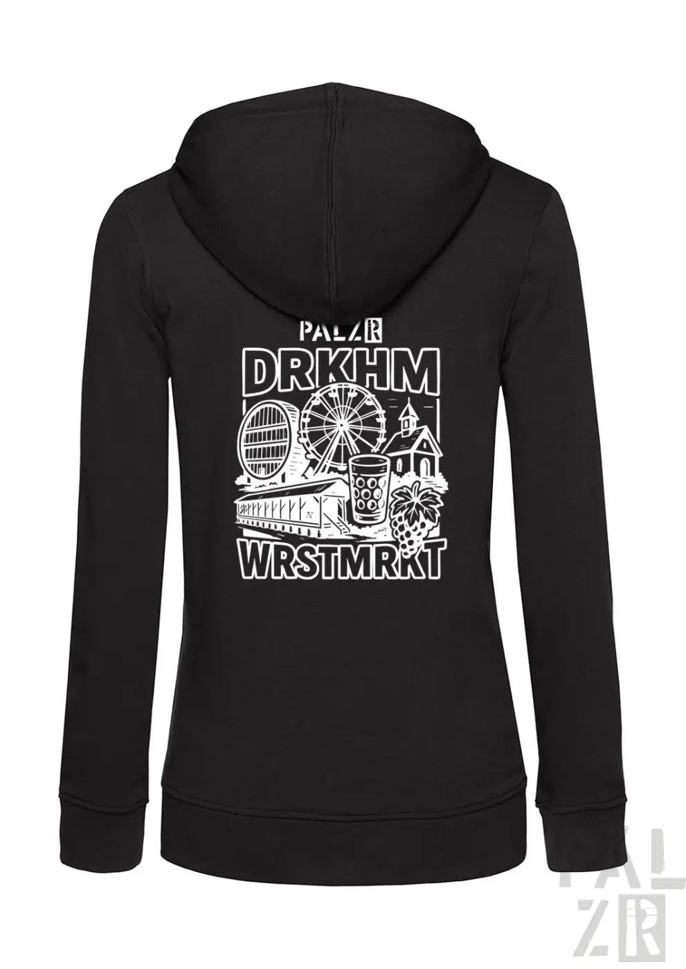 Schwarze Kapuzenjacke mit Reißverschluss und weißem Grafikdesign mit Wahrzeichen und Text.