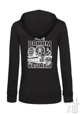 Schwarze Kapuzenjacke mit Reißverschluss und weißem Grafikdesign mit Wahrzeichen und Text.