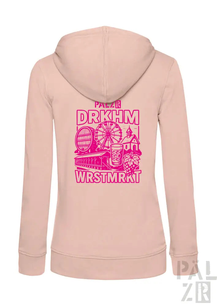 Rosa Kapuzenpulli mit Reißverschluss und Grafikdesign, das Elemente eines Vergnügungsparks und Text in einer verspielten Schriftart zeigt.